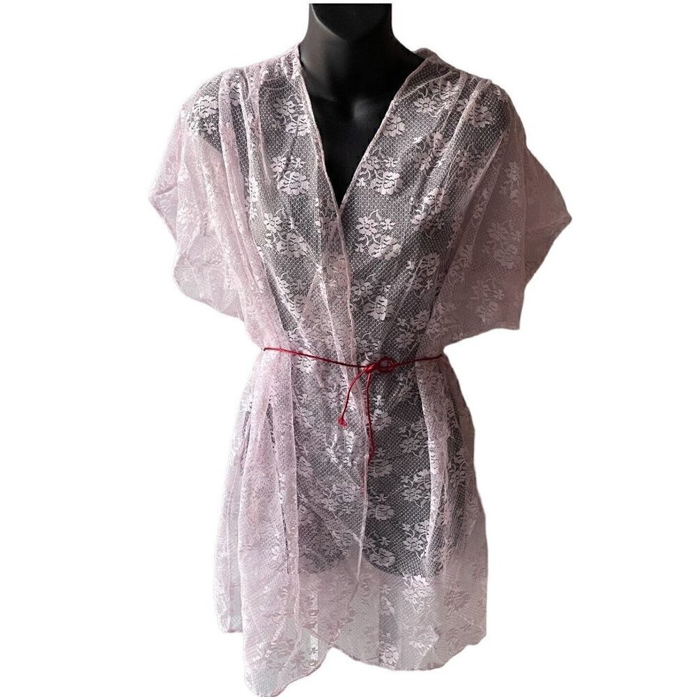VTG 80s Llise Stevens Powder Pink Lace Dust Jacket Short Negligée Robe Women’s M
